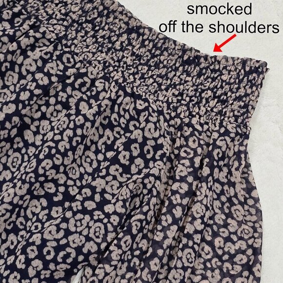 Rebecca Minkoff ✦ Smocked Off-Shoulder Top ✦ Sheer Overlay Floral Navy Tan Sz S - Picture 5 of 16